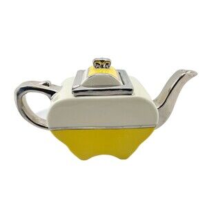 Vintage Art Deco Fraunfelter Ohio Yellow White Silver Ceramic Tea Pot 1923-1930
